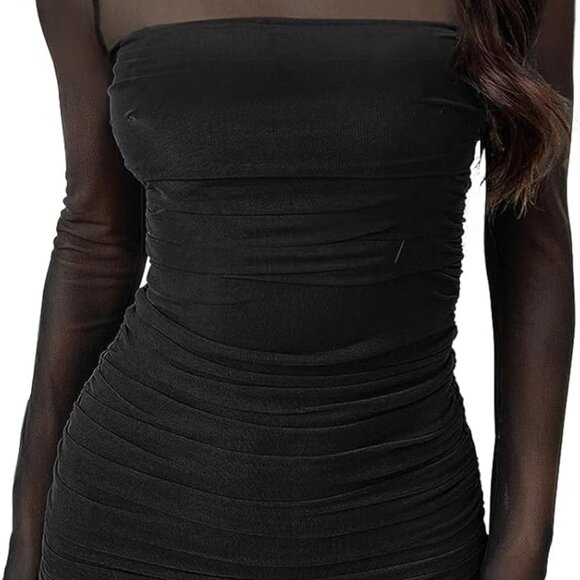 Dresses & Skirts - Womens Mesh Mini Dress Long Sleeve Ruched Slim Fit Party Cocktail